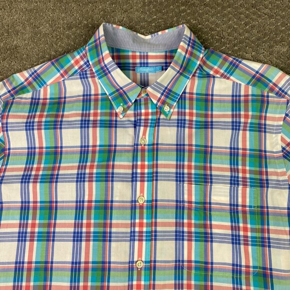J. McLaughlin Button Down Shirt Men's Large Plaid Cotton Green White Blue Red - Picture 3 of 11